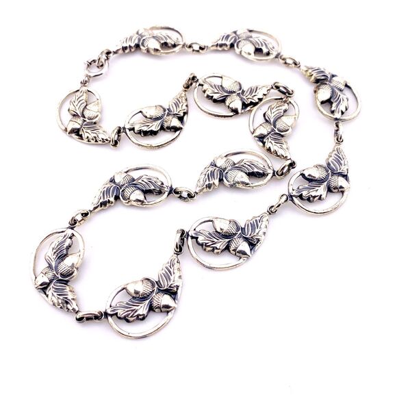 Danecraft Sterling Silver Necklace Earrings Set Signed Acorns n Leaves Links VTG - Picture 3 of 7